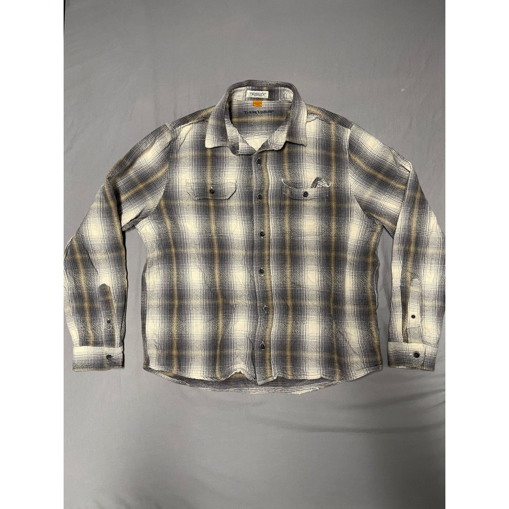 Tailor Vintage Mens Large Grey Tan Plaid Flannel Button Down Shirt Cotton L